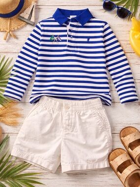 Ralph Lauren Toddler Outfit Set | Navy Stripe Polo + White Shorts 24M